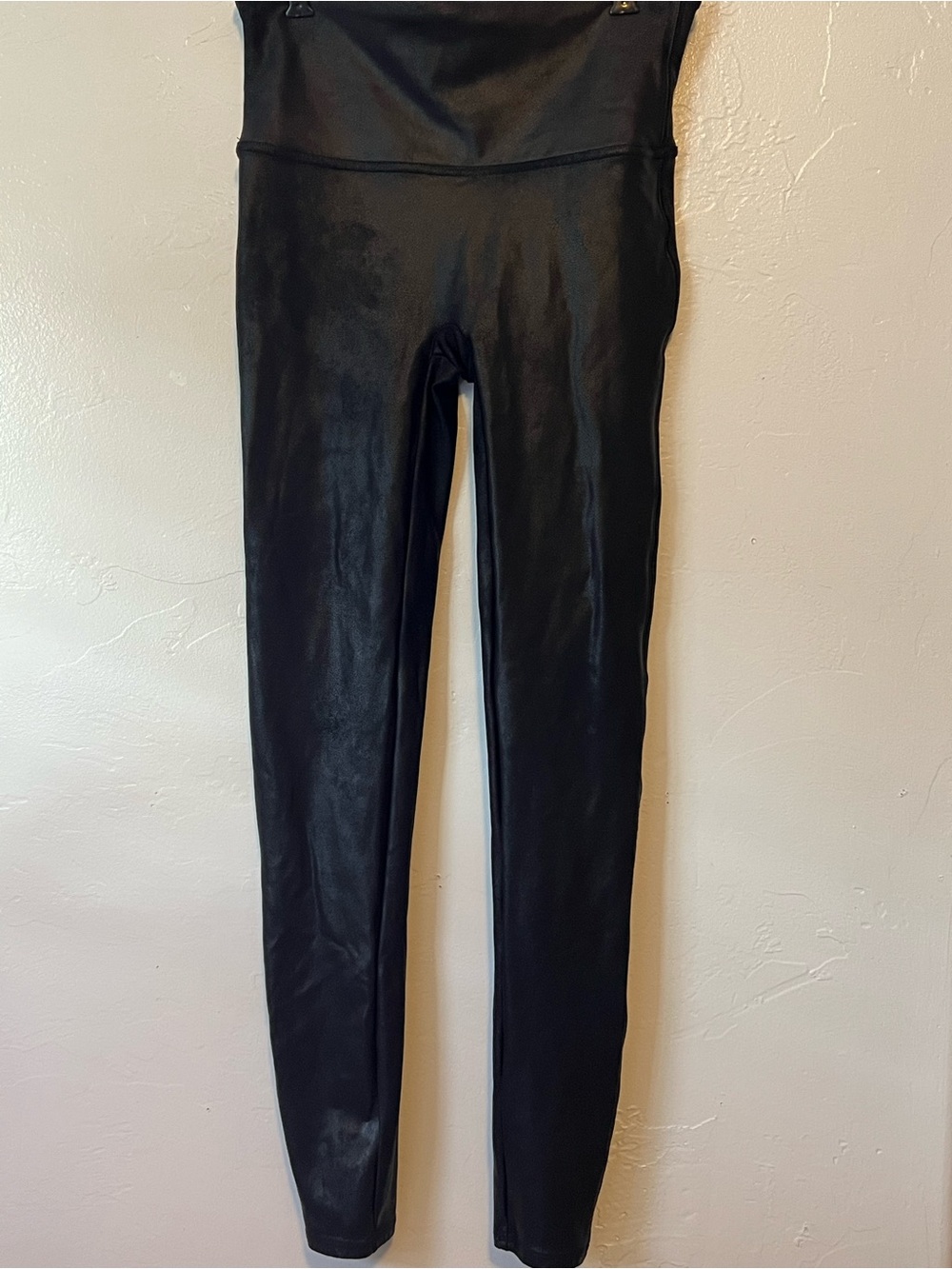 SPANX Black Faux Leather Leggings with Red Logo Tag